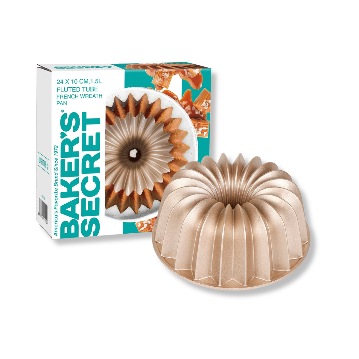 French Wreath fluted tube pan beside its Baker's Secret gift box