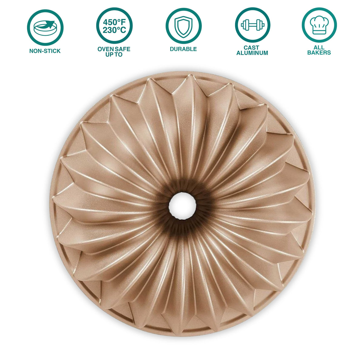 French Wreath fluted tube pan, top view, with product feature icons