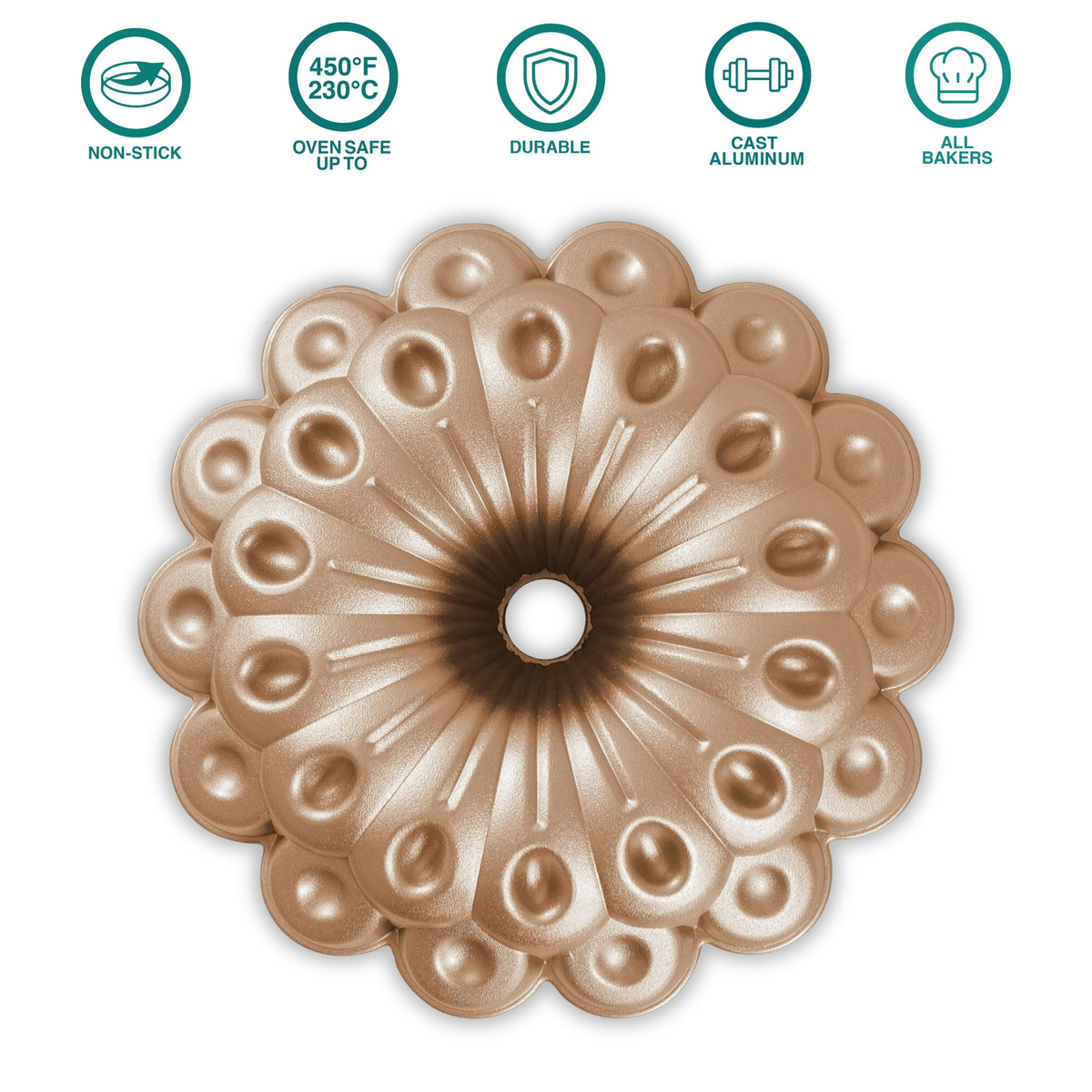 Marquise fluted tube pan, top view, with product feature icons