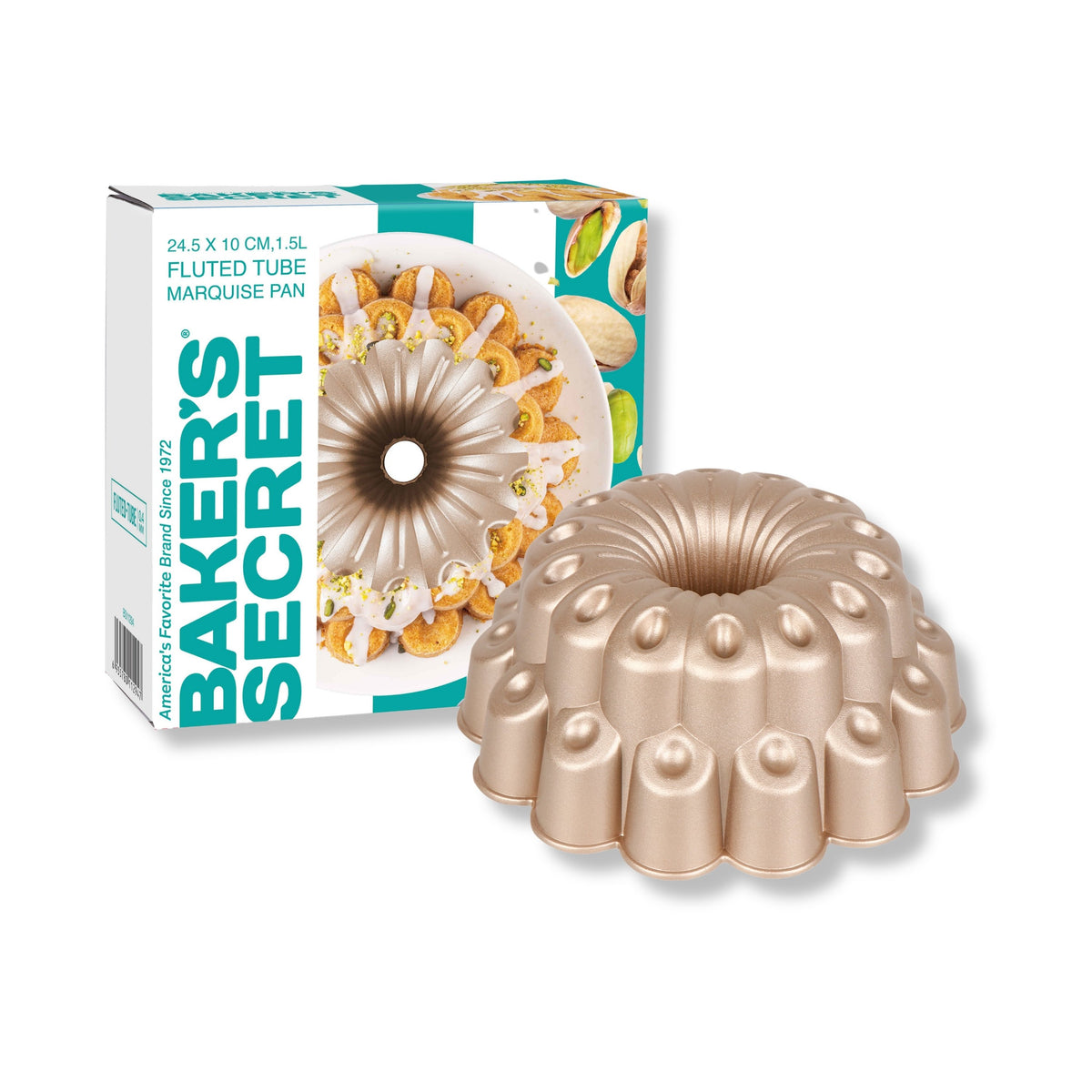 Marquise fluted tube pan beside its Baker's Secret gift box