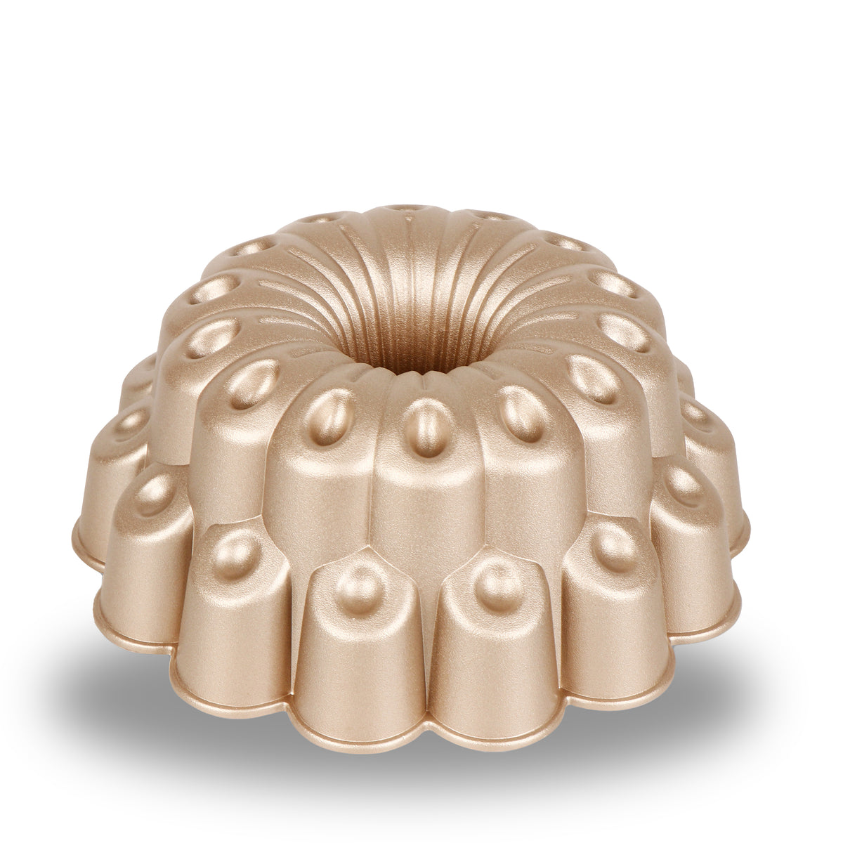 Marquise cast aluminum fluted tube pan with a scalloped design, champagne gold