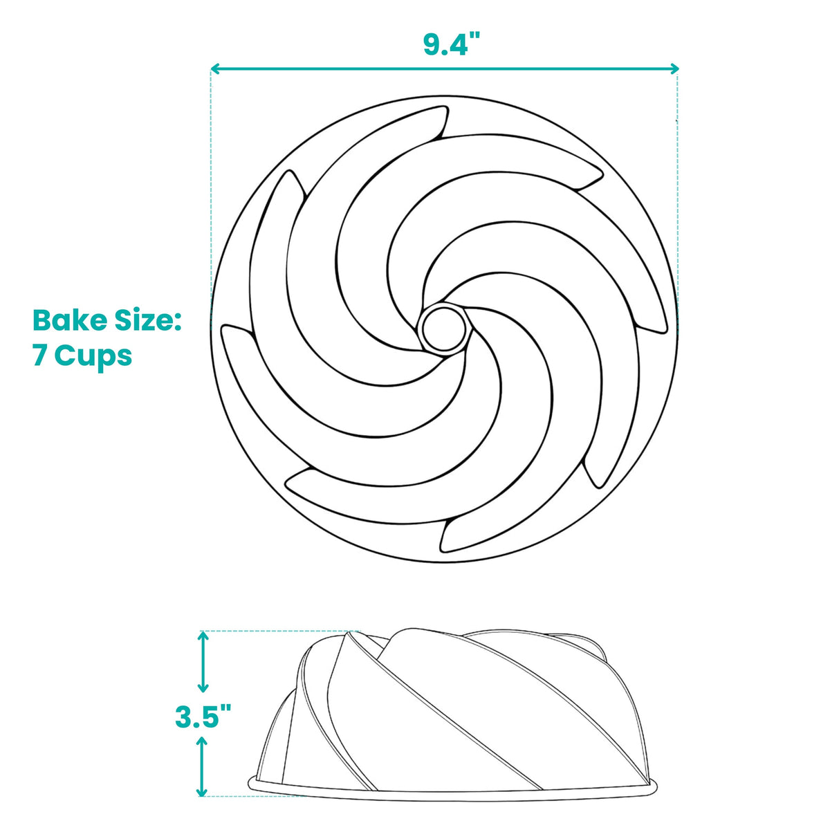 Marissa fluted tube pan line drawing with dimensions and bake size
