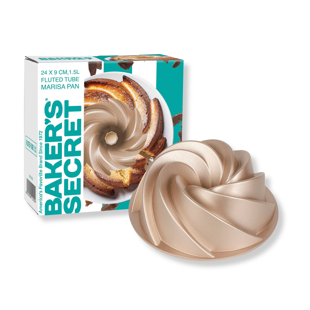 Marissa fluted tube pan beside its Baker's Secret gift box