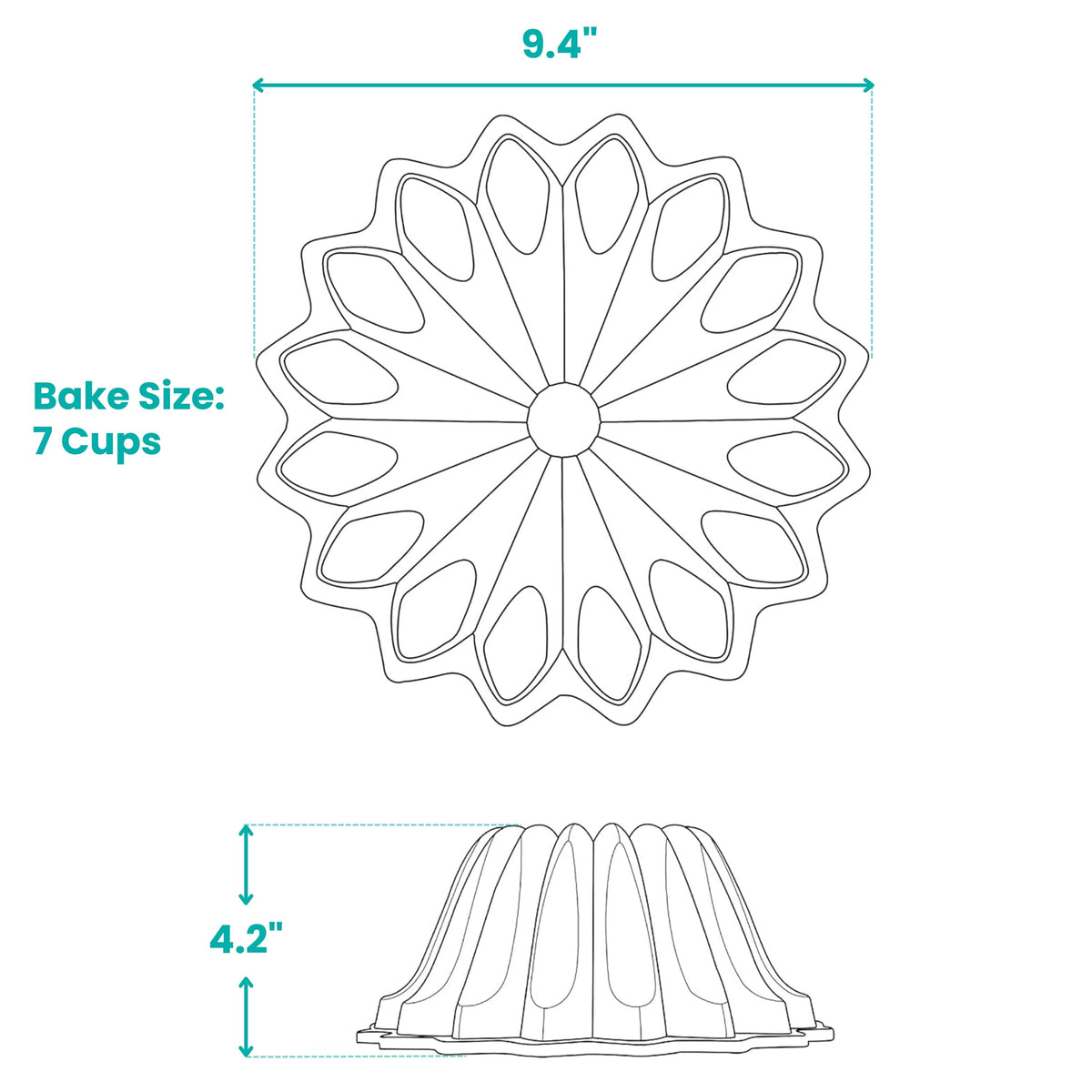 Spring Water fluted tube pan line drawing with dimensions and bake size