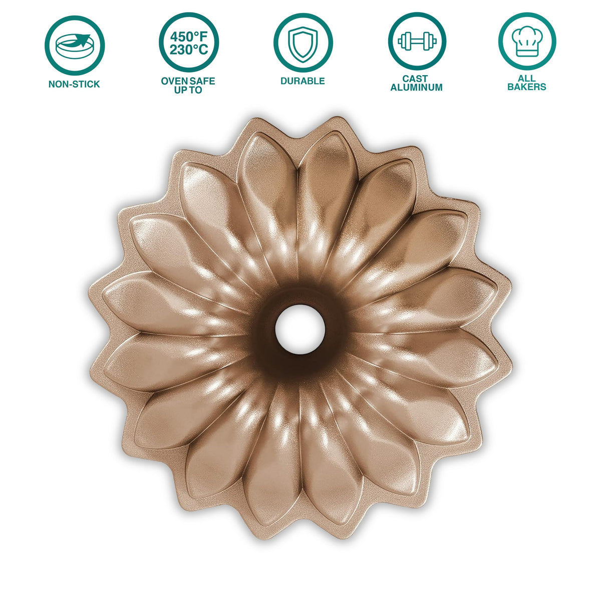 Spring Water fluted tube pan, top view, with product feature icons