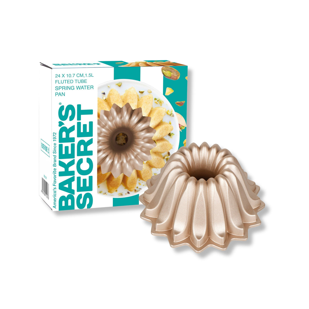 Spring Water fluted tube pan beside its Baker's Secret gift box