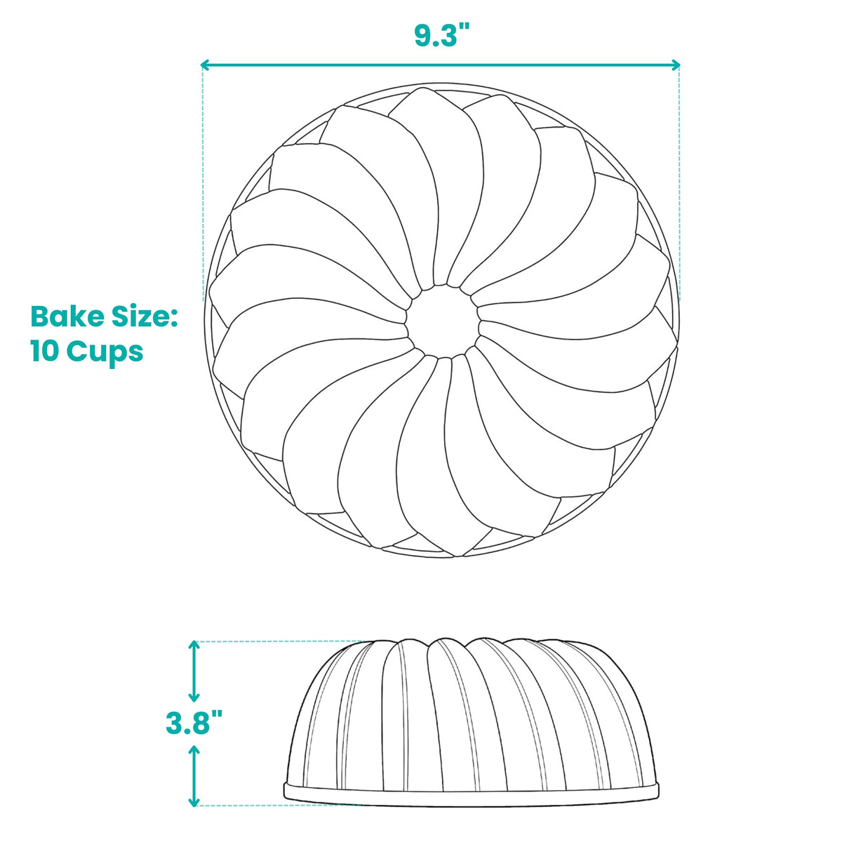 Classic fluted tube pan line drawing with dimensions and bake size