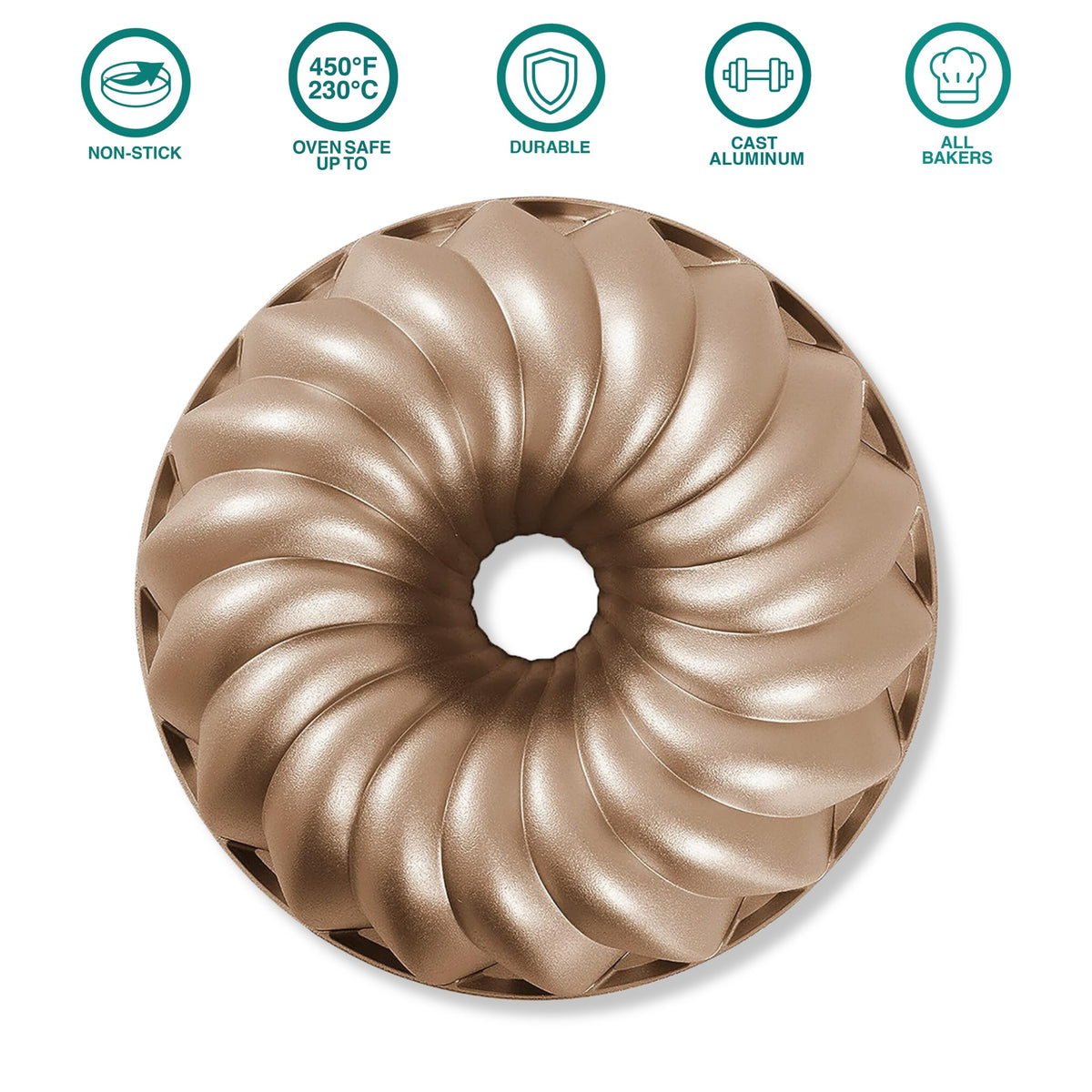 Classic fluted tube pan, top view, with product feature icons