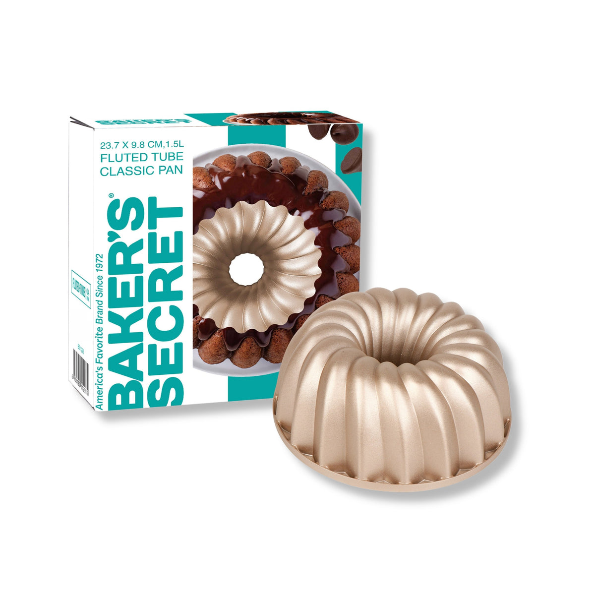 Classic fluted tube pan beside its Baker's Secret gift box