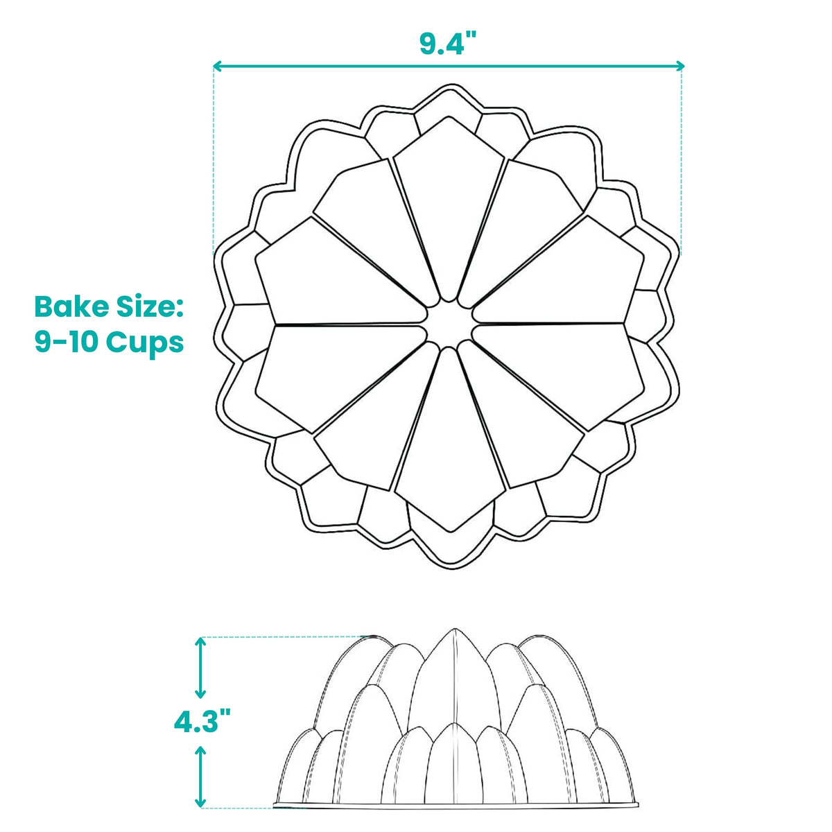 Cascade fluted tube pan line drawing with dimensions and 9-10 cup bake size
