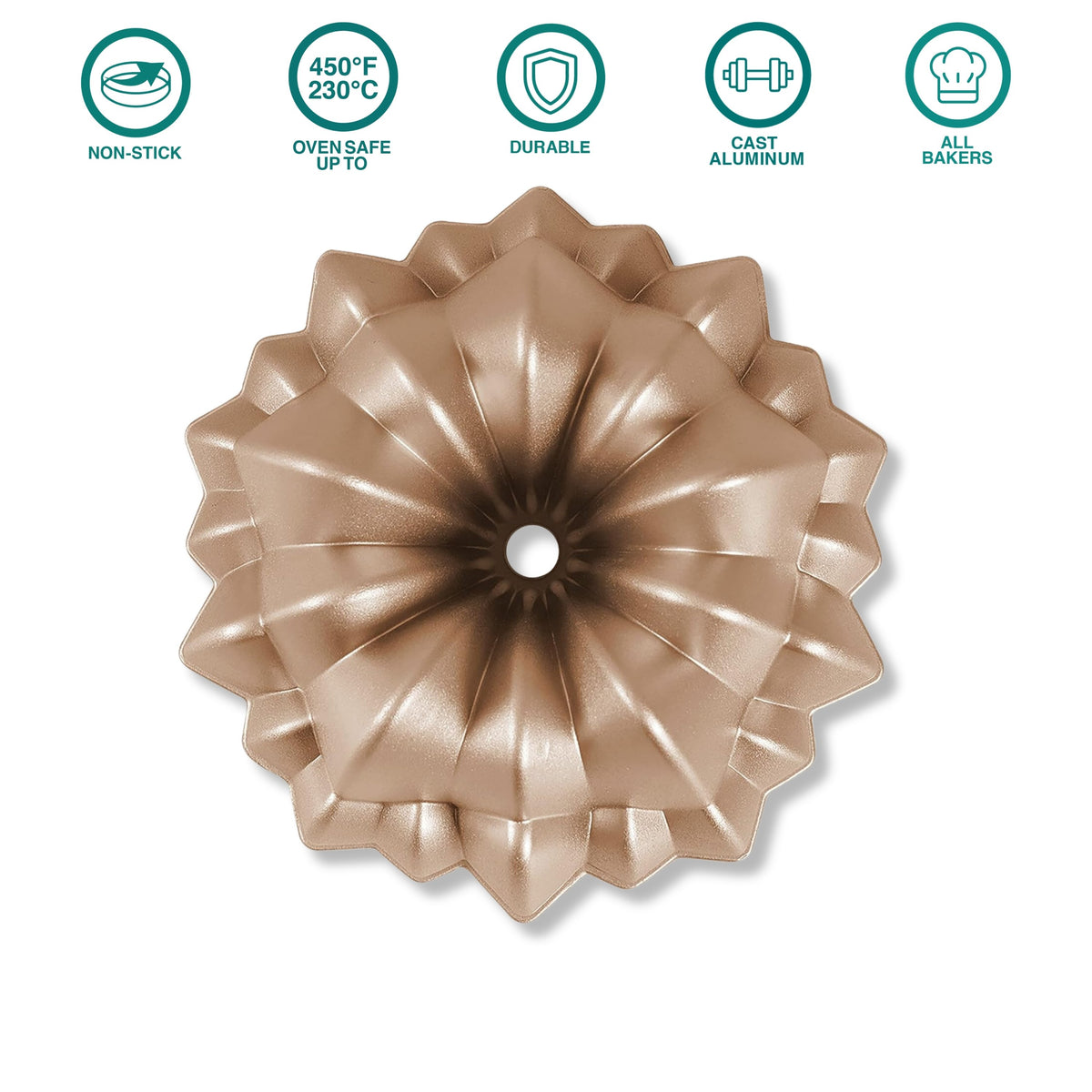 Cascade fluted tube pan, top view, with product feature icons