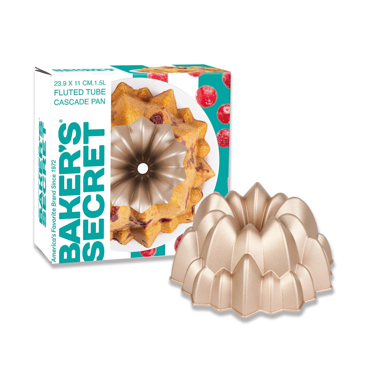 Cascade fluted tube pan beside its Baker's Secret gift box