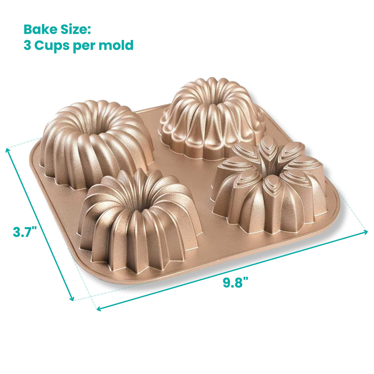 Mini Joys mini fluted cake pan with width and depth measurements