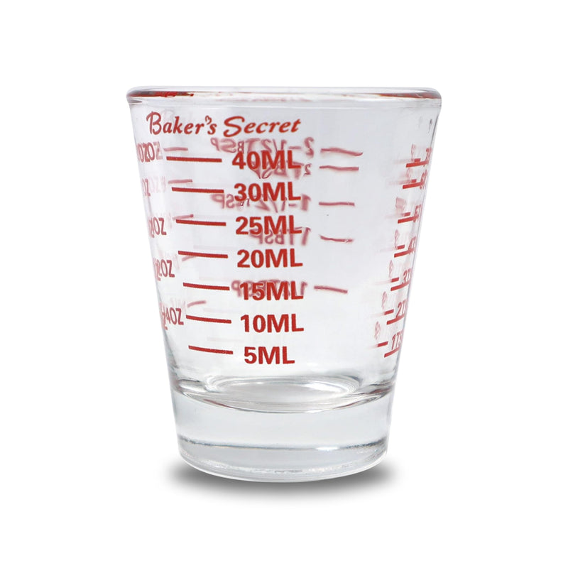 Baker's Secret 1.5 oz glass measuring shot glass with red ml and oz markings