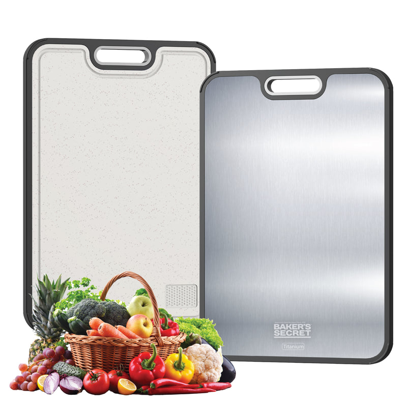 Titanium double-sided cutting board showing the titanium side and the wheat-fiber side