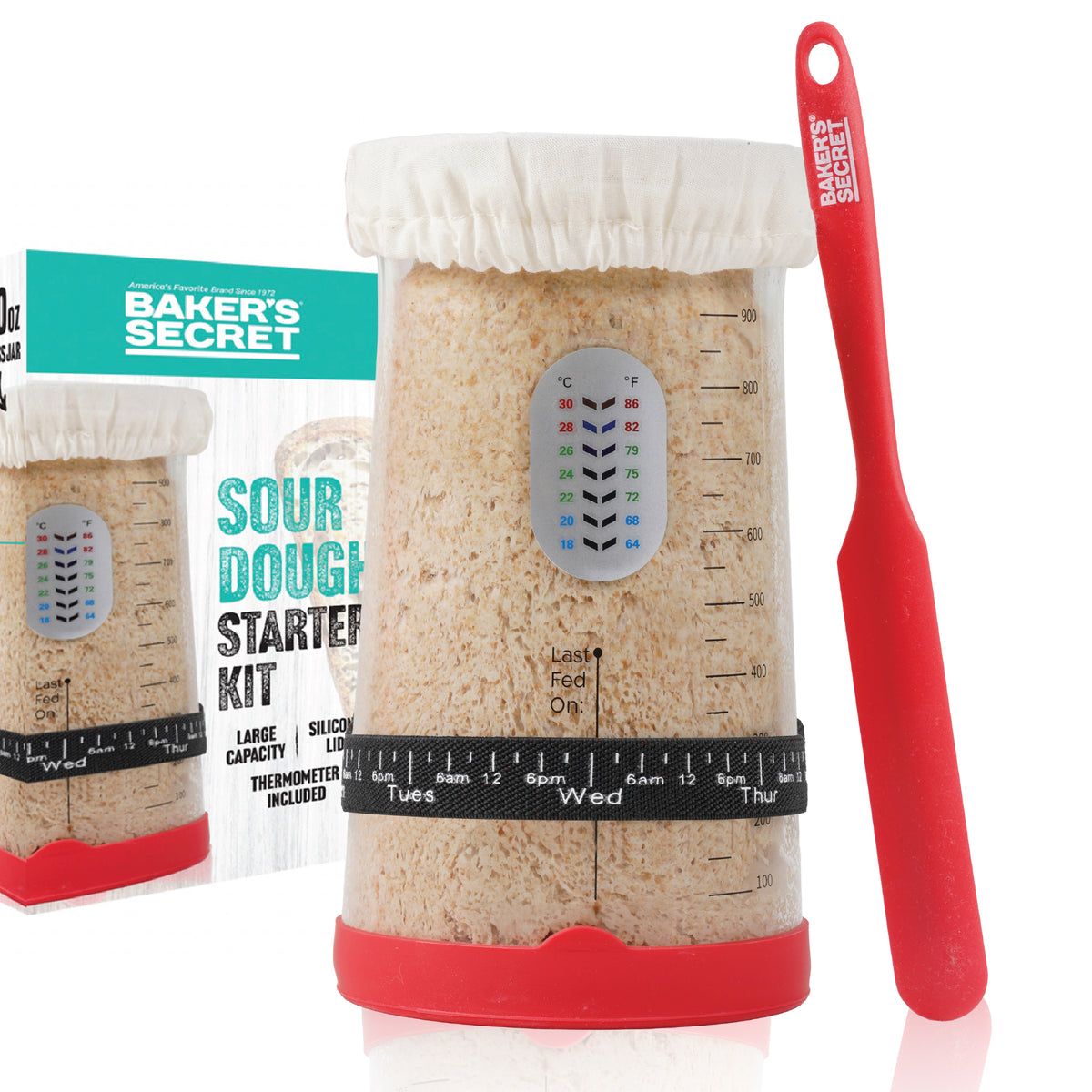 40 oz sourdough starter jar kit with cloth cover, feeding band, thermometer and red silicone spatula