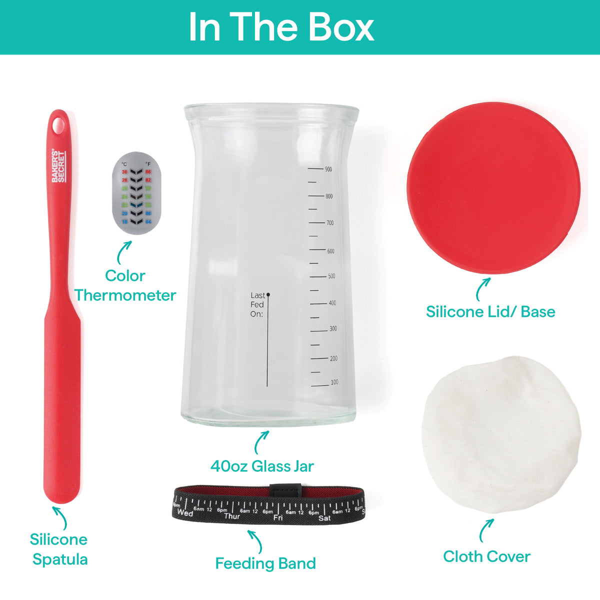 In the box: glass jar, spatula, thermometer strip, silicone lid, feeding band and cloth cover