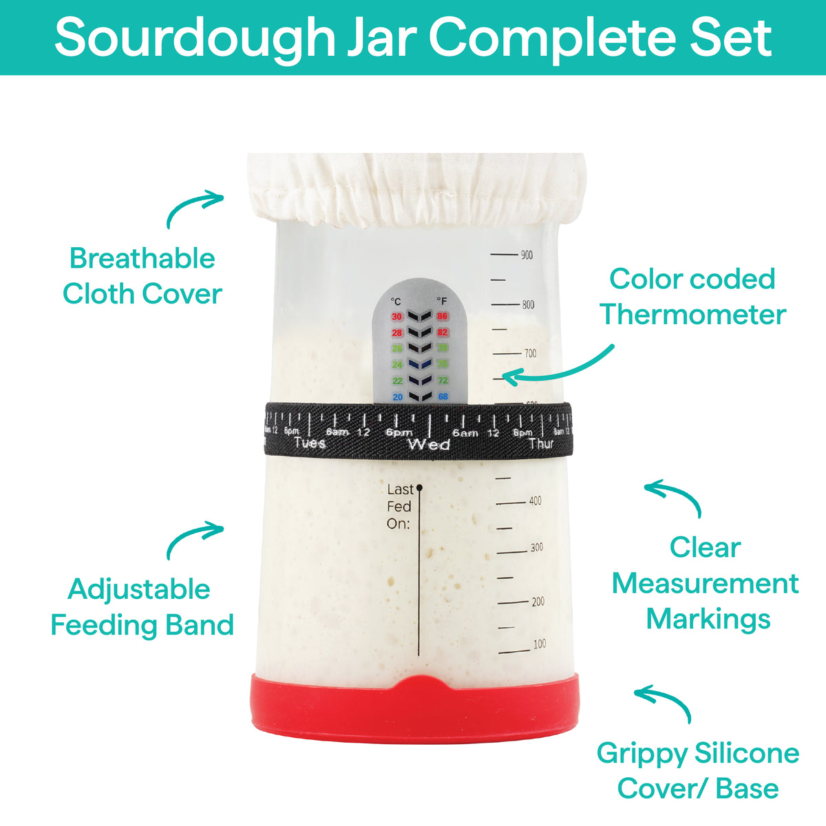Sourdough jar features: breathable cloth cover, color thermometer, feeding band, measurement marks, silicone base