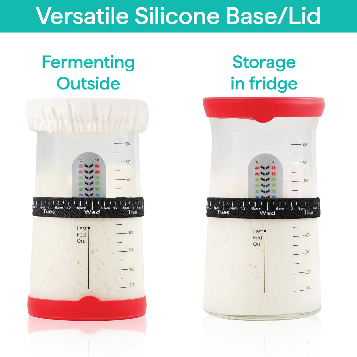 Silicone piece works as a base while fermenting and as a lid for fridge storage