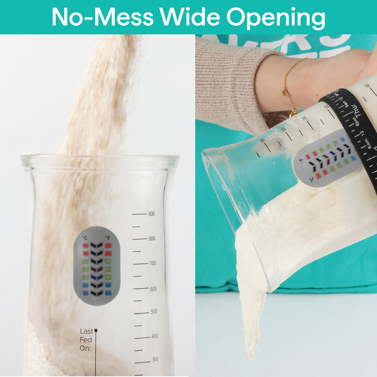 Wide jar opening for mess-free feeding, flour being added