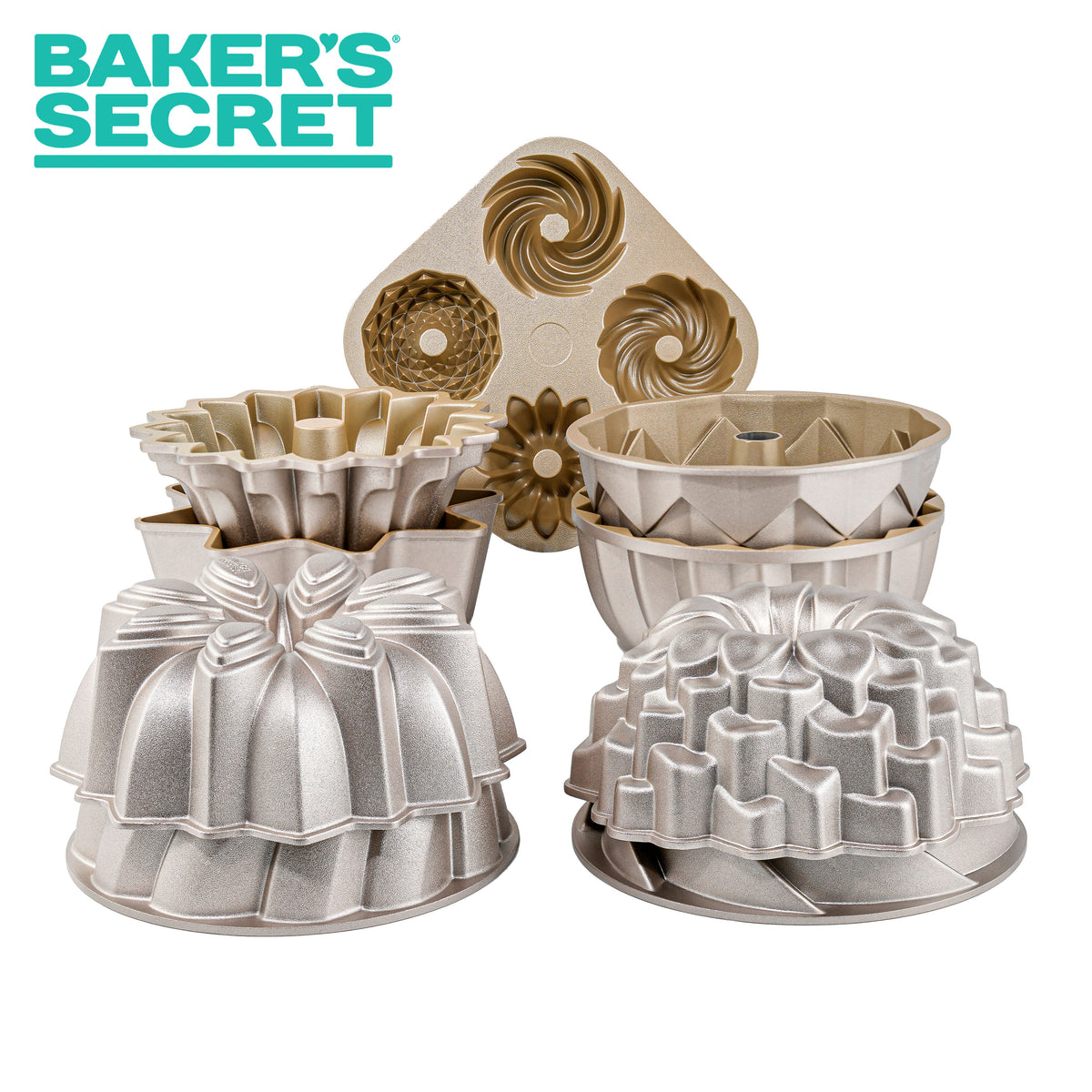 Baker's Secret cast aluminum fluted cake pans in assorted designs