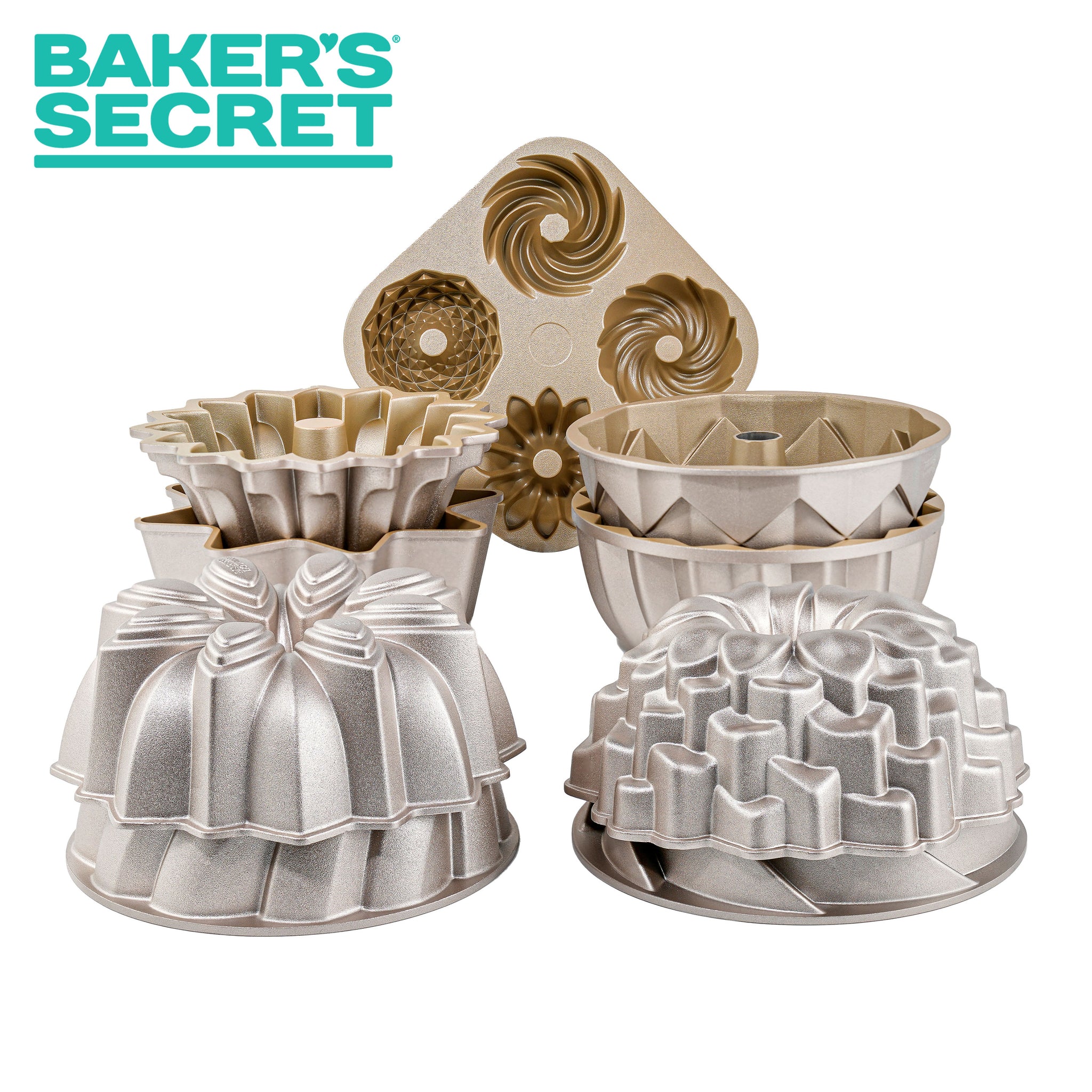 Baker's Secret 4Mini Loves Non-Stick Mini Fluted Cake Pan, Optimum  Non-stick Performance, Cast Aluminum