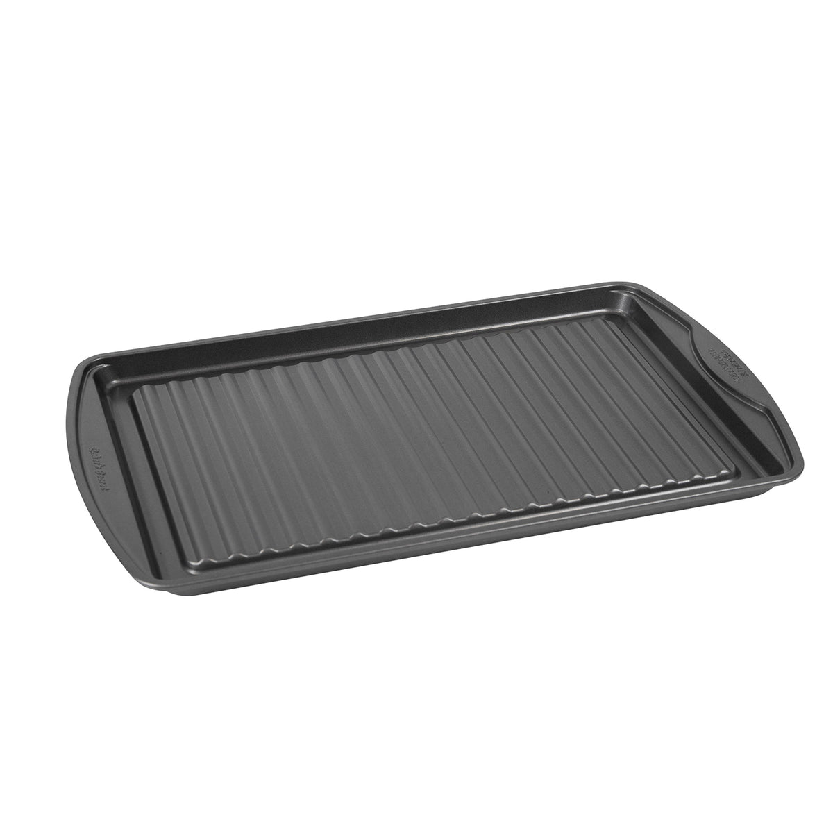 Ridged dark gray nonstick grill pan, angled view