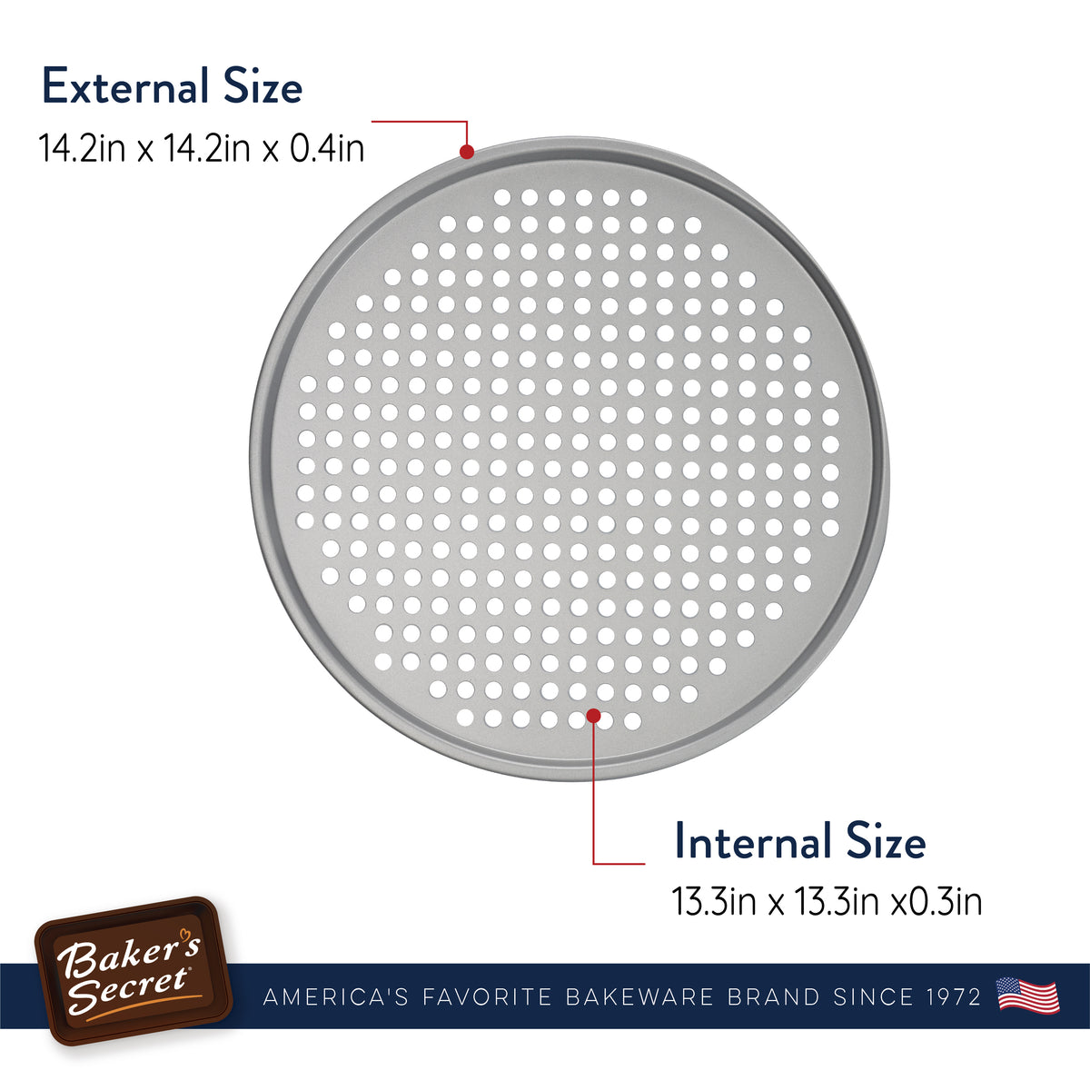 14-inch pizza crisper with outside and inside size measurements