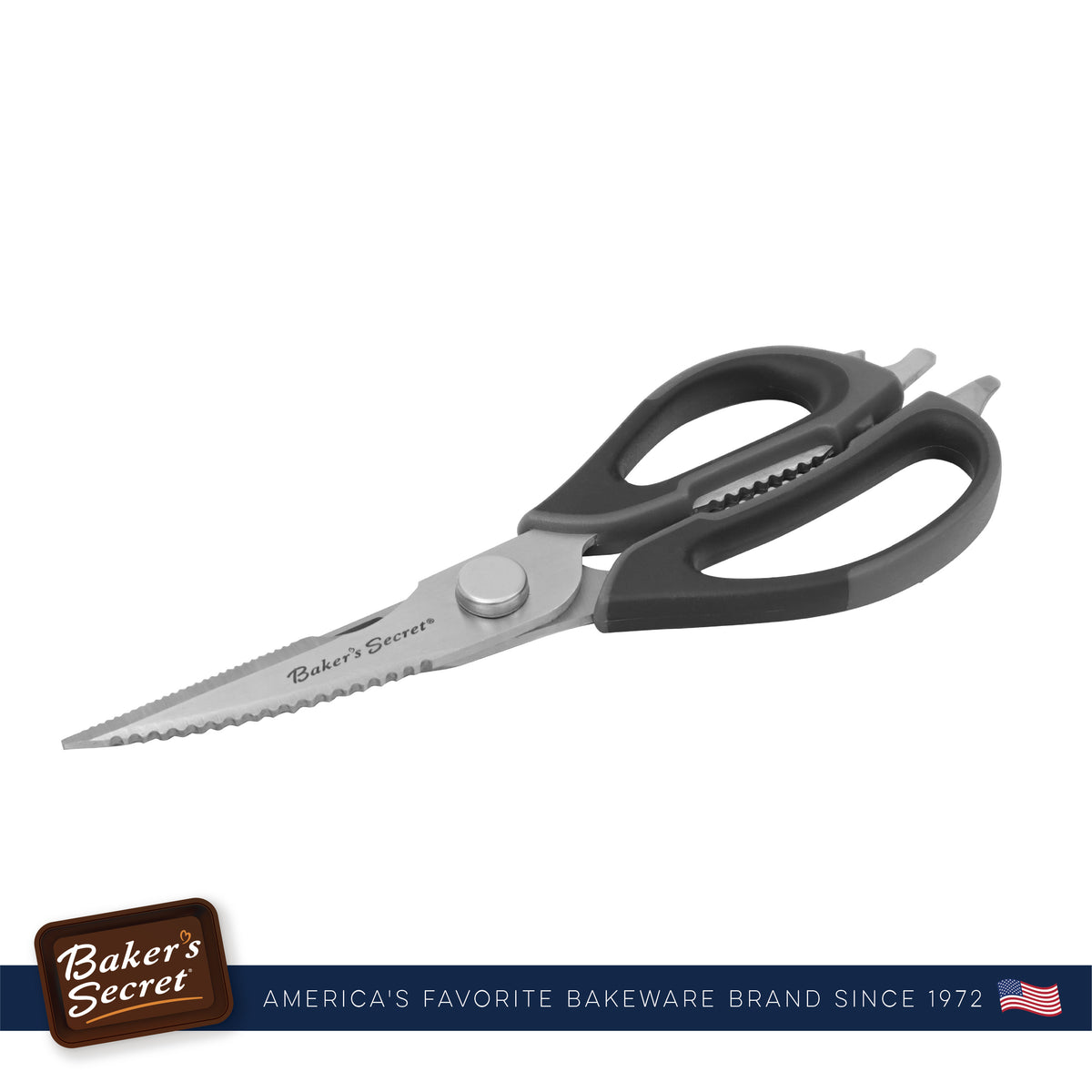 Stainless steel kitchen scissors opened, side view