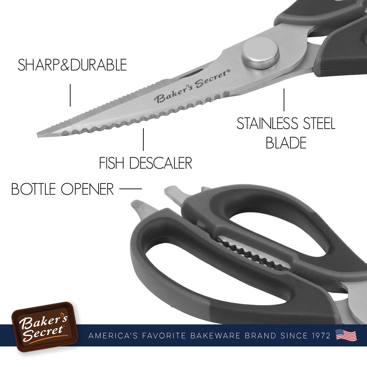 Kitchen scissors features: sharp stainless steel blades, fish descaler and bottle opener