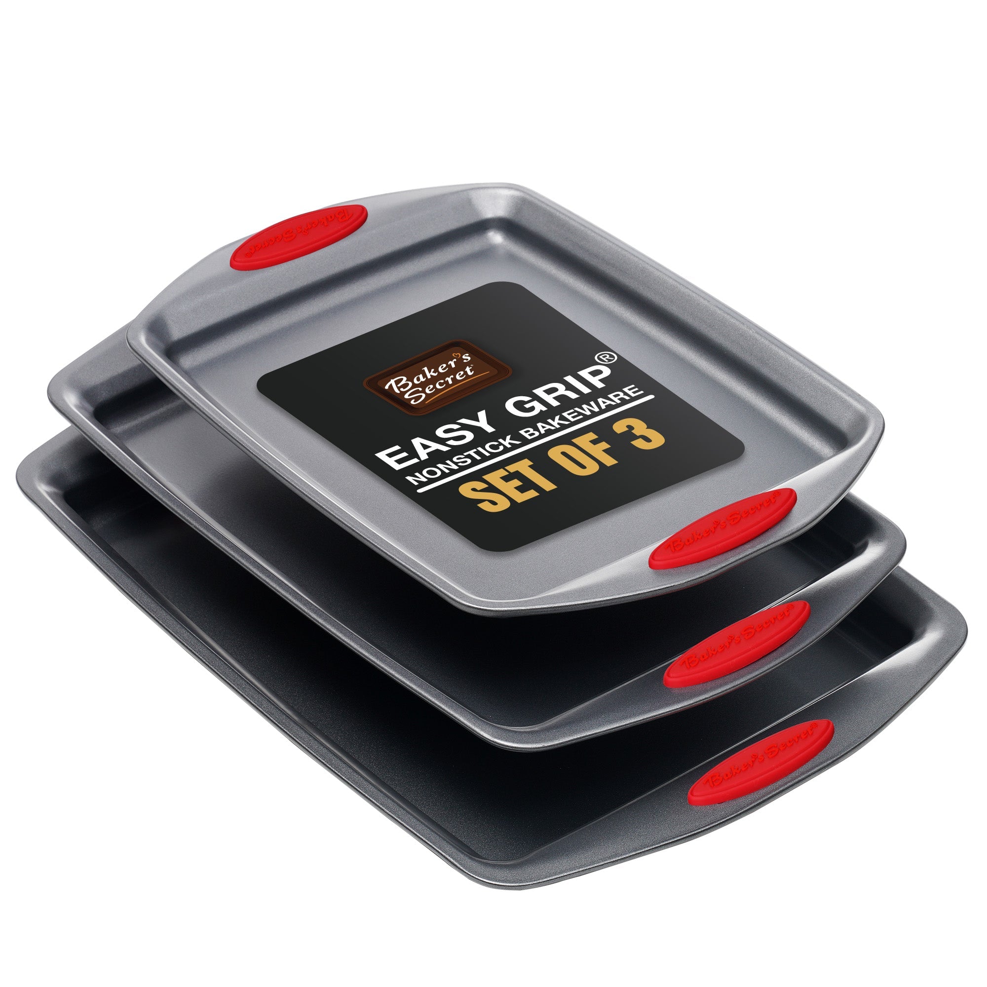 Set of 3 Cookie Sheets Dark Grey/Red Dual Tone Bakeware Sets - Baker's Secret
