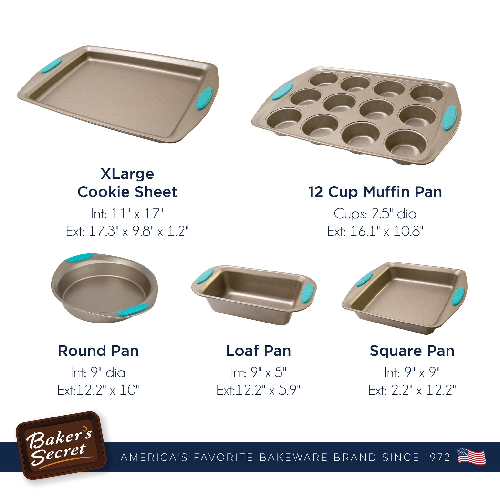 Baker's Secret Stackable Baking Set of 5 Bakeware Pans, Bakeware Set, Baking Pan Set Includes Muffin Pan, Roaster Pan, Square Pan, Cookie Sheet, Loaf