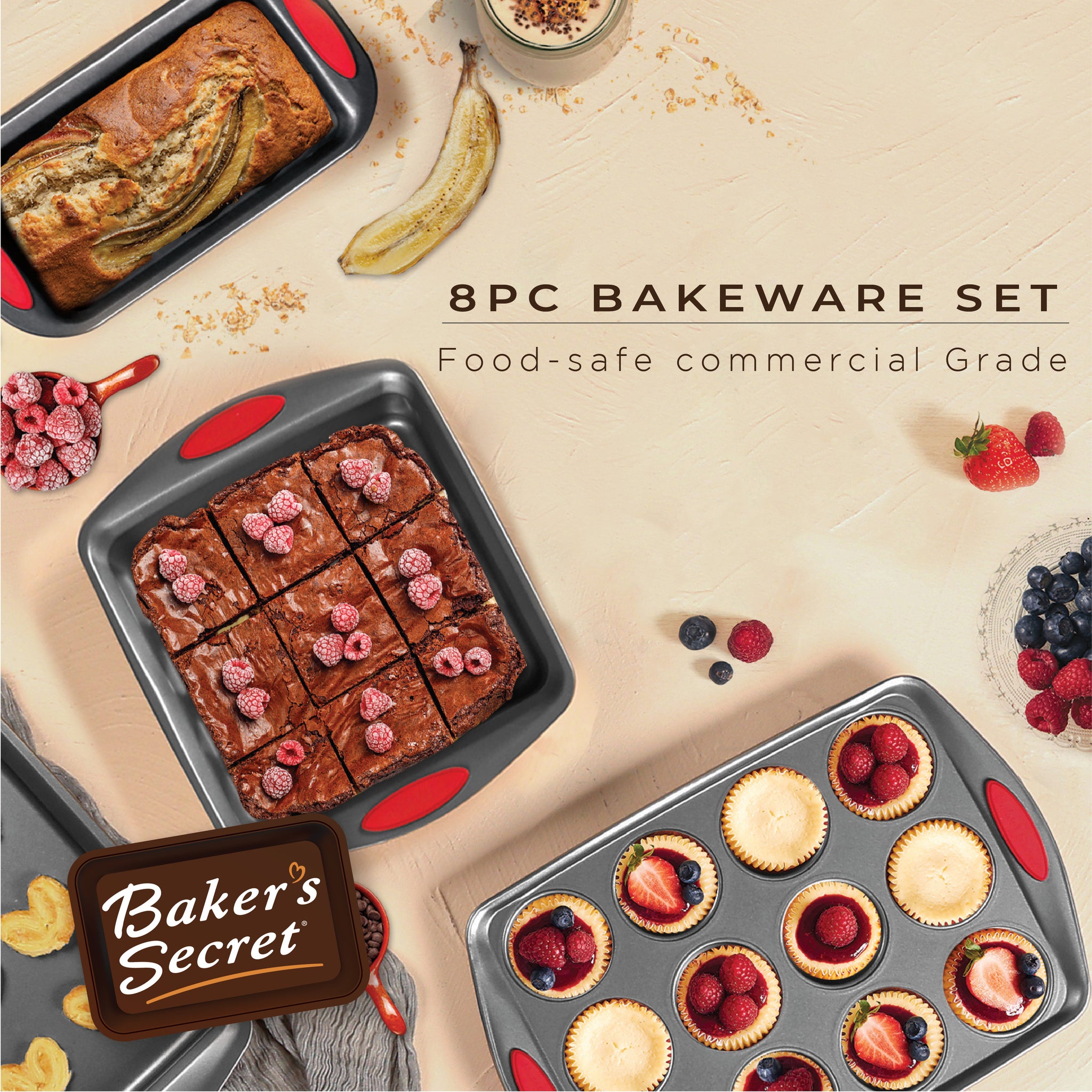 Baker's Secret Silicone Dishwasher Safe Set of 3 Brush 4.13 inchx0.59 inchx9.65 inch Red
