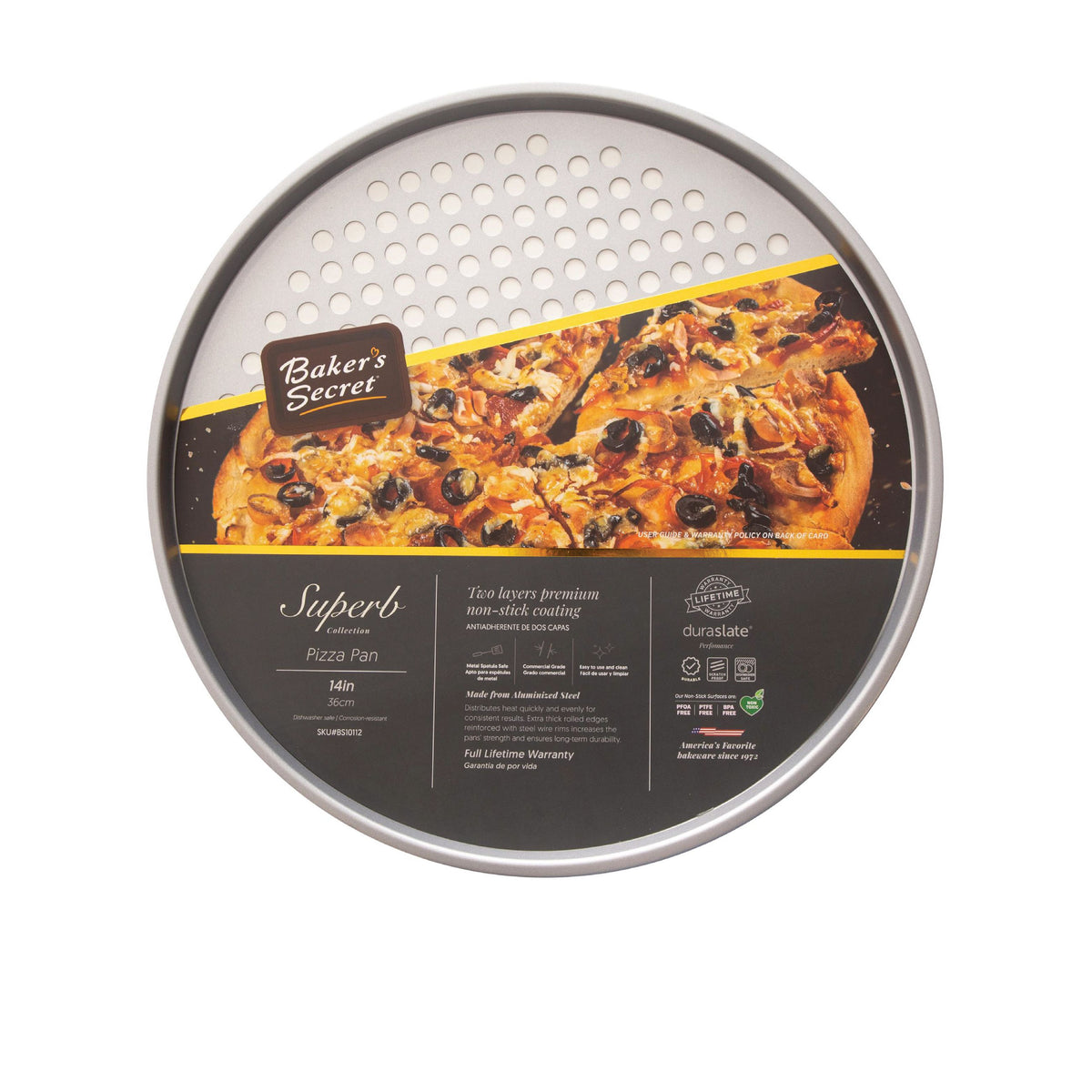 Baker's Secret pizza crisper packaging, back view