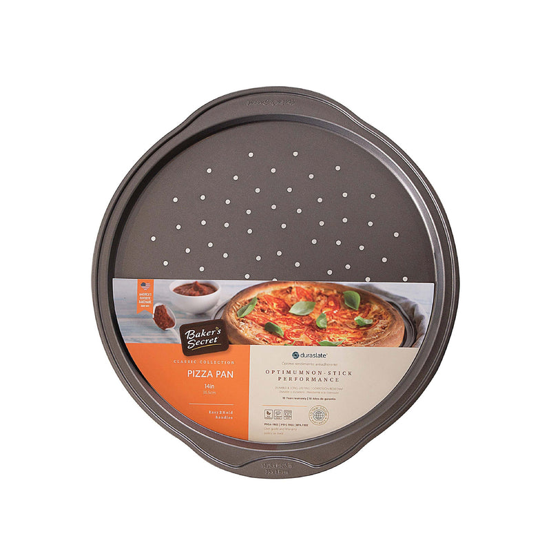 Baker's Secret Classic 14-inch perforated nonstick pizza crisper in its retail sleeve