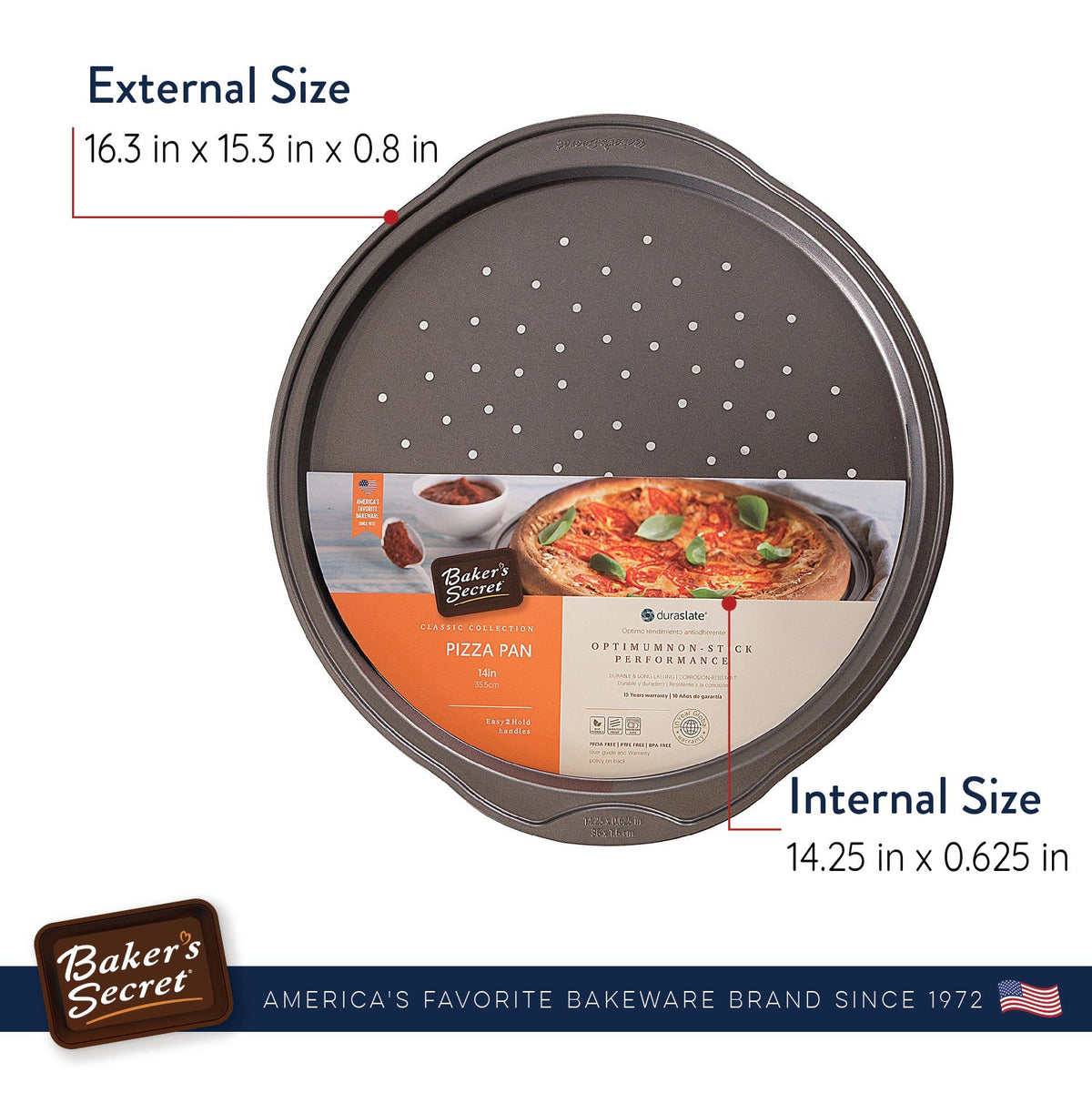 14-inch pizza crisper with outside and inside size measurements
